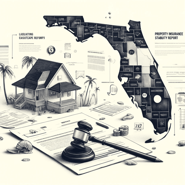 Pencil sketch of a Florida map highlighting various property insurance premium rates, with detailed elements like a gavel symbolizing legislative reforms and a fortified house.