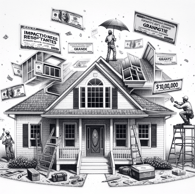 Pencil sketch of contractors enhancing a Florida home with hurricane-resistant upgrades amid floating grant notes.